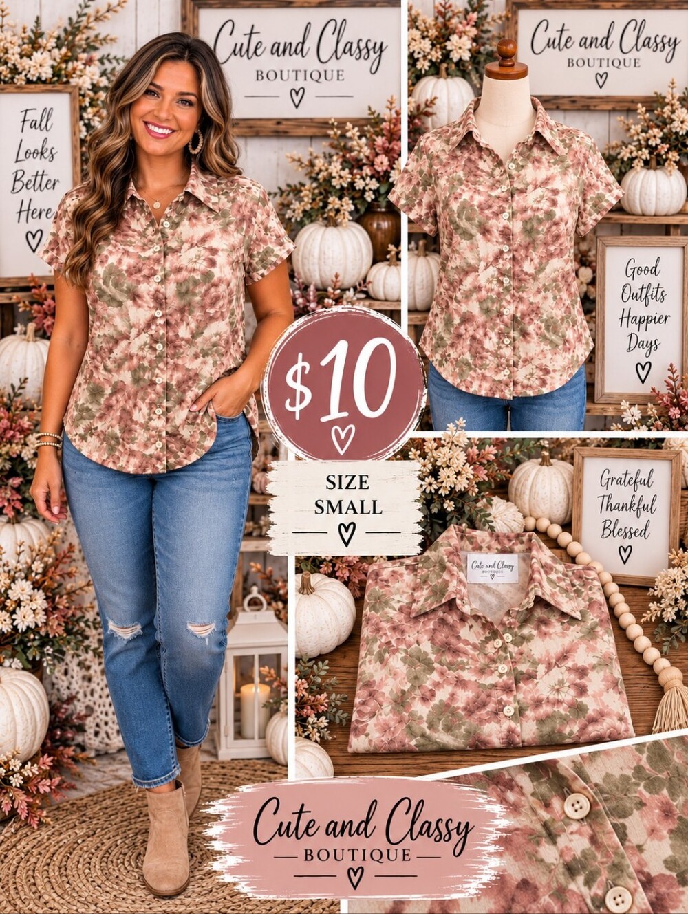 NEW Floral Button-Front Short Sleeve Top - Small, Pink & Green